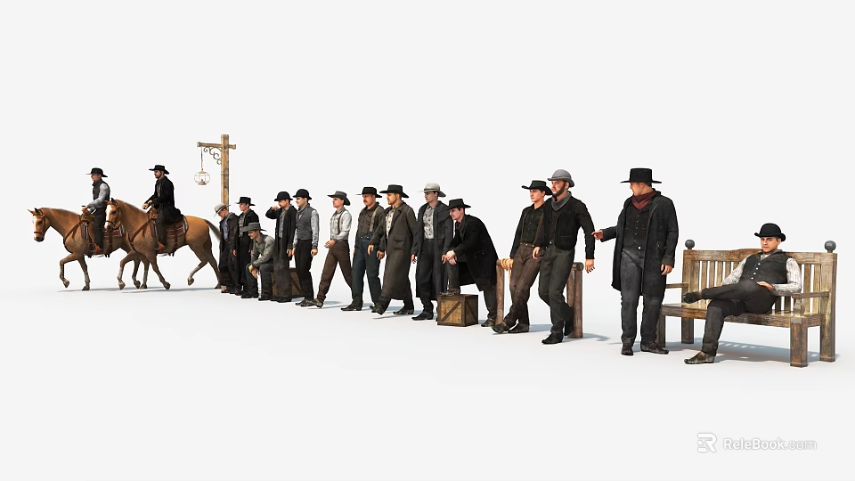 Western Game Movie Characters Group with Standing Sitting Riding Horse Poses and Cowboy Hats 3d model 
