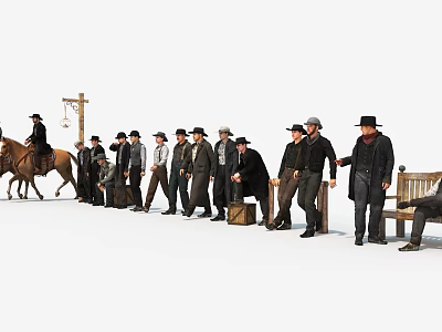 Western Game Movie Characters Group with Standing Sitting Riding Horse Poses and Cowboy Hats 3d model