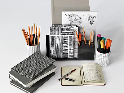 Organized Office Stationery Setup With Notebooks Pencils Colored Pens And Folder 3d model