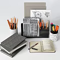 Organized Office Stationery Setup With Notebooks Pencils Colored Pens And Folder 3d model