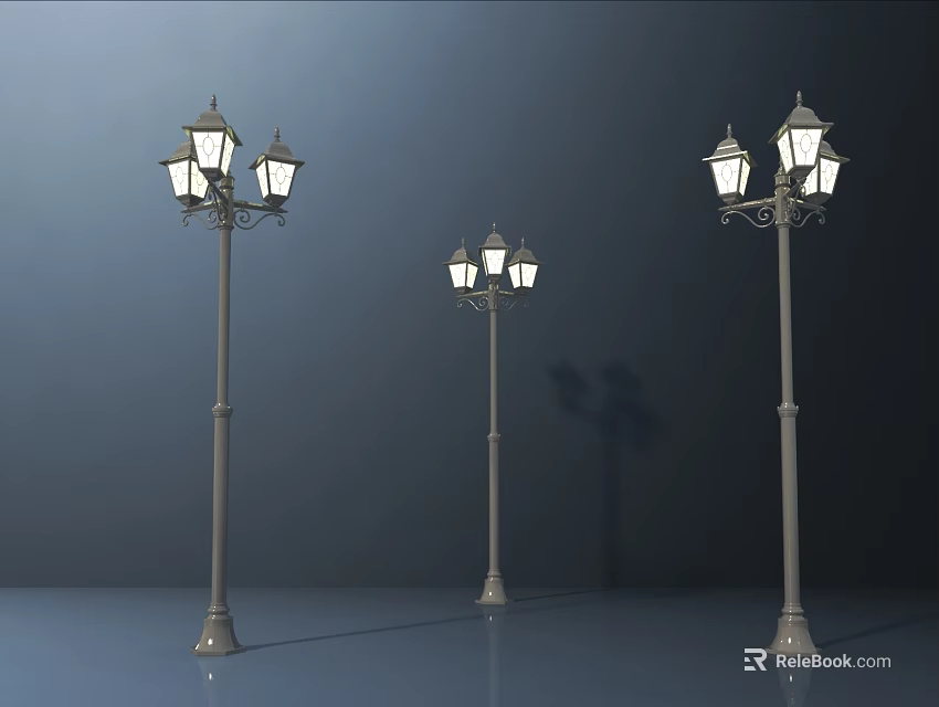 Three Classic Outdoor Lights With Metal Poles And Multi Lantern Heads 3d model 
