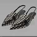 Black And White Houndstooth Pointed Toe Slingback Mules With Blue Bow Detail 3d model
