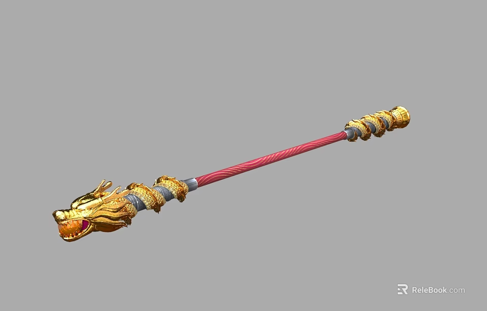 Red Staff Weapon With Golden Dragon Head And Detailed Ornate Decorations 3d model 
