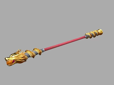 Red Staff Weapon With Golden Dragon Head And Detailed Ornate Decorations 3d model