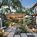 Serene Garden With Wooden Pavilion Stone Path Waterfall Lush Plants And Decorative Lanterns
