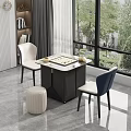 Modern Tea Table and Chairs with Marble Top Chessboard White Blue Seats Near Window View
