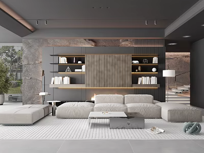 Modern Living Room Interior With Neutral Tones Built-in Bookshelves Plush Sofa And Area Rug 3d model