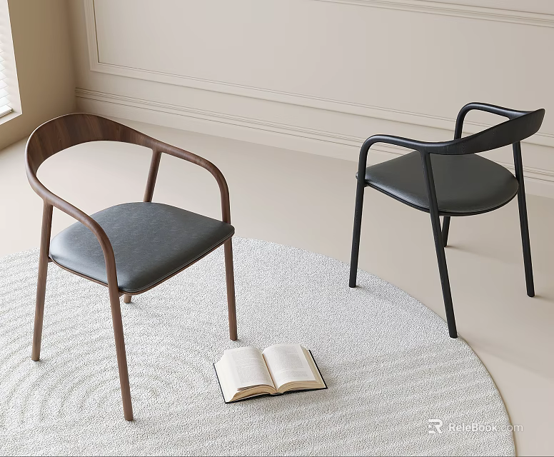 Modern Dining Chairs With Wooden And Black Frames On Light Colored Rug 3d model 