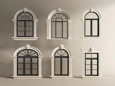 Various Styles of Casement Windows with White Frames and Black Sashes 3d model
