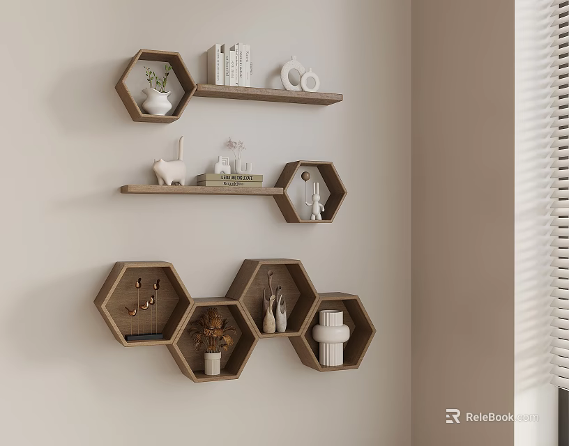 Modern Wooden Hexagonal Wall Shelves Displaying Books Decorative Items And Plants 3d model 