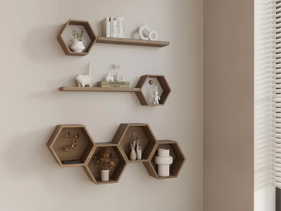 Modern Wooden Hexagonal Wall Shelves Displaying Books Decorative Items And Plants 3d model