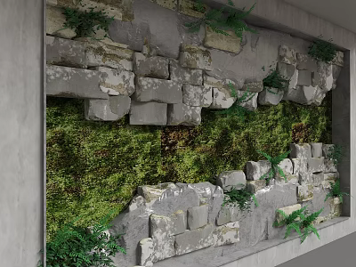 Natural Stone Accent Wall with Green Moss and Climbing Plants for Rustic Indoor Decor 3d model