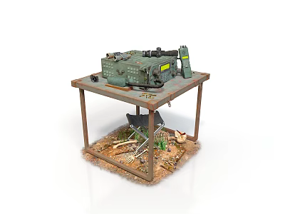 Green Tactical Weapon Placed On Metal Table With Branches And Dirt 3d model