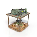 Green Tactical Weapon Placed On Metal Table With Branches And Dirt