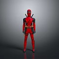 Red Superhero Character In Full Costume With Swords And Utility Belt
