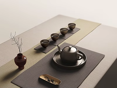 Minimalist Tea Set with Teapot Teacups Tray Mat and Decorative Vase on Table 3d model