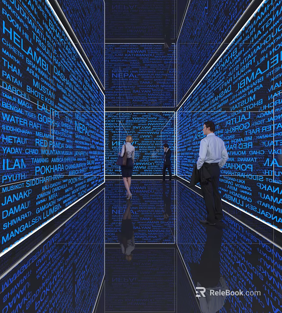 Illuminated Hotel Corridor With Blue Digital Text Walls Reflective Floor And People Walking 3d model 