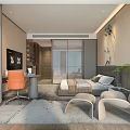 Elegant Hotel Room Interior With Gray Headboard Wall Art Large Windows And Orange Chair