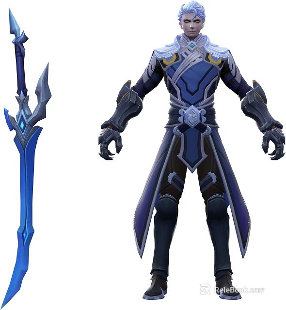 Game Movie Character In Blue Armor With Purple Details And Blue Long Sword 3d model 