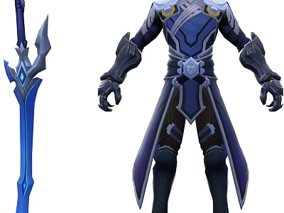 Game Movie Character In Blue Armor With Purple Details And Blue Long Sword 3d model