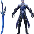 Game Movie Character In Blue Armor With Purple Details And Blue Long Sword