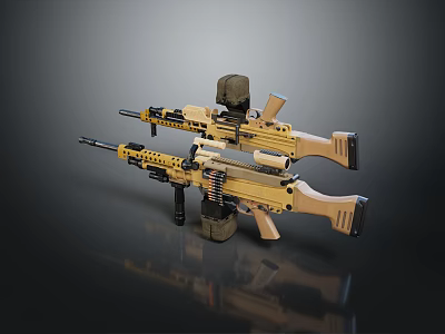 Tan And Brown Tactical Rifles With Magazines And Scopes Displayed Side By Side 3d model
