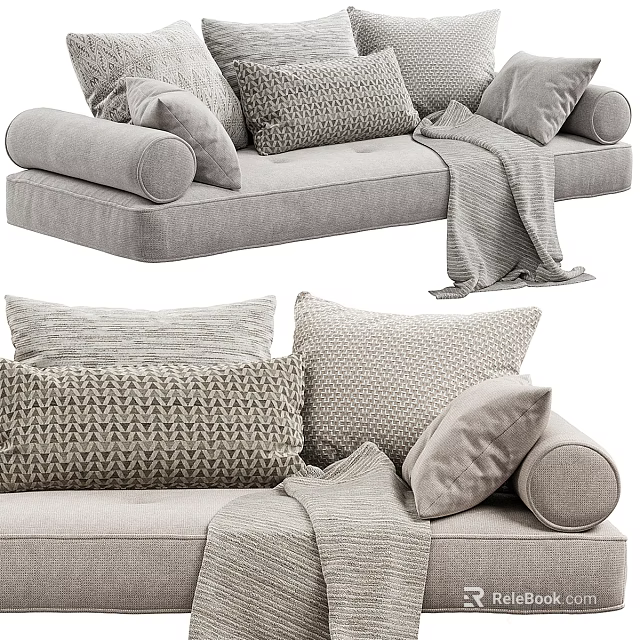Comfy Modern Sofa Bench With Plush Pillows And Woven Blanket In Living Space 3d model 