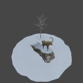 Game Movie Character Ibex with Large Curved Horns Standing on Snowy Rocky Cliff