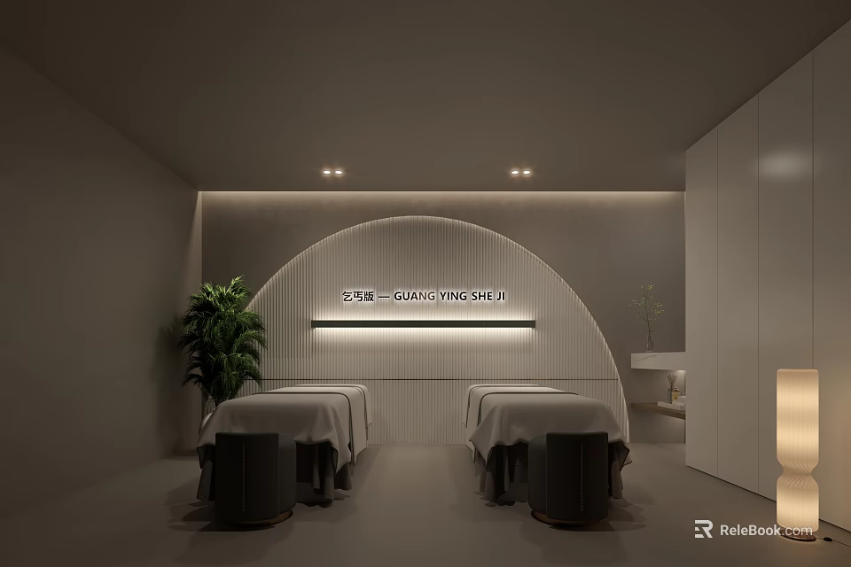 Modern Minimalist SPA Sauna Interior Design With Two Massage Beds Green Plants And Soft Lighting 3d model 