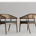 Modern Wooden Dining Chairs With Rattan Armrests And Green Upholstered Seat