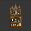 Traditional Decorative Wooden Altar Furniture Featuring Red Golden Roof And Multi Tiered Shelves With Deities