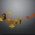 Autumn Decoration Setup With Orange Candles Yellow Red Maple Leaves And Acorns