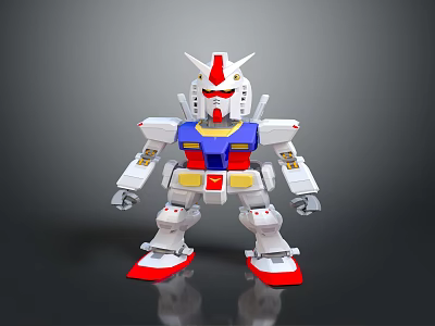 Gundam Robot Model Standing Pose With White Red Blue Yellow Colors On Reflective Background 3d model