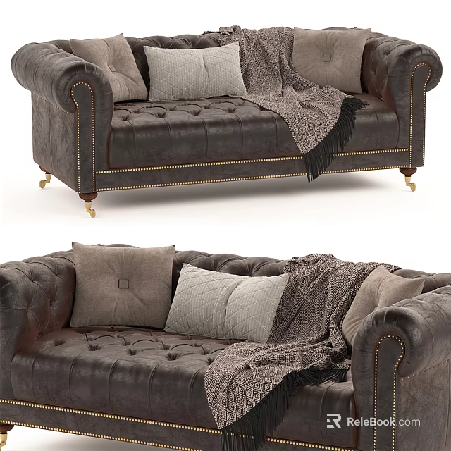 Brown Leather Two Seater Sofa With Tufted Design Brass Legs Throw Pillows And Blanket 3d model 