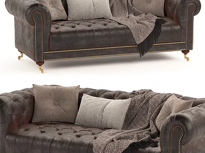Brown Leather Two Seater Sofa With Tufted Design Brass Legs Throw Pillows And Blanket 3d model
