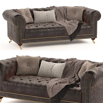 Brown Leather Two Seater Sofa With Tufted Design Brass Legs Throw Pillows And Blanket 3d model