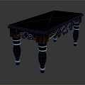 Dark Wooden Table Featuring Intricate Carved Details and White Ring Accents on Legs