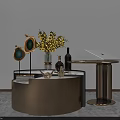 Elegant Modern Gold Metal Coffee Table With Round Top And Decorative Vase Flowers
