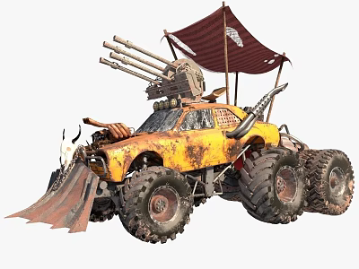 Rusty Yellow Modified Monster Truck With Weapons Plow And Canopy 3d model