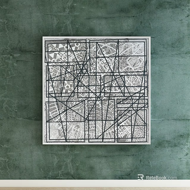 Abstract Painting With Black And White Geometric Lines And White Frame On Green Wall 3d model 