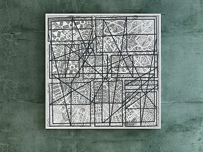 Abstract Painting With Black And White Geometric Lines And White Frame On Green Wall 3d model