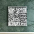 Abstract Painting With Black And White Geometric Lines And White Frame On Green Wall