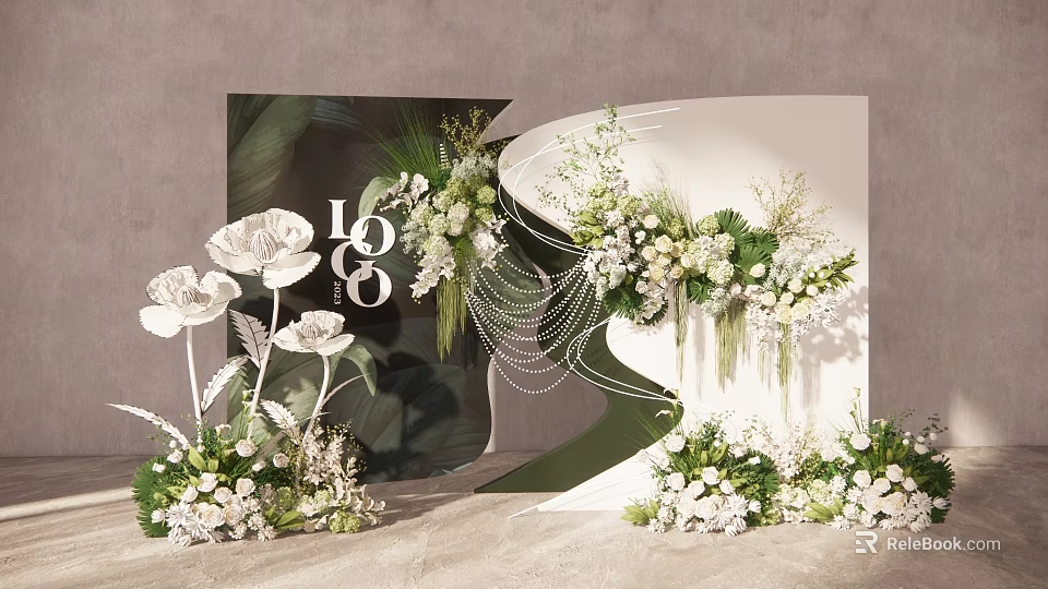 Elegant Wedding Decoration With White Flowers Greenery Beaded Chains And LOGO Backdrop 3d model
