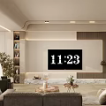 Modern TV Background Wall Design in Living Room with Bookshelves Decorations and Lighting