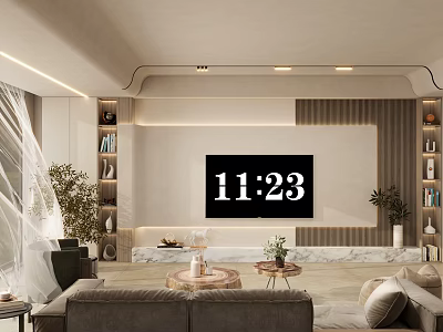 Modern TV Background Wall Design in Living Room with Bookshelves Decorations and Lighting 3d model