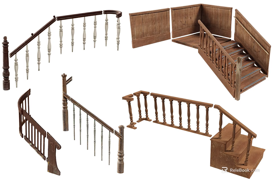 Wooden Staircase Design With Railings Banisters Steps And Various Style Components 3d model 