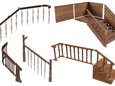 Wooden Staircase Design With Railings Banisters Steps And Various Style Components 3d model