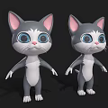 3D Cartoon Cat Character With Gray White Fur Pink Ears And Blue Eyes