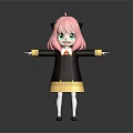Game And Movie Character With Pink Hair Green Eyes Cat Ears In Black Yellow Dress Arms Outstretched