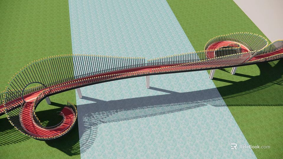 Modern Curved Red Bridge With Metal Railings And Green Grass Landscape Design 3d model 